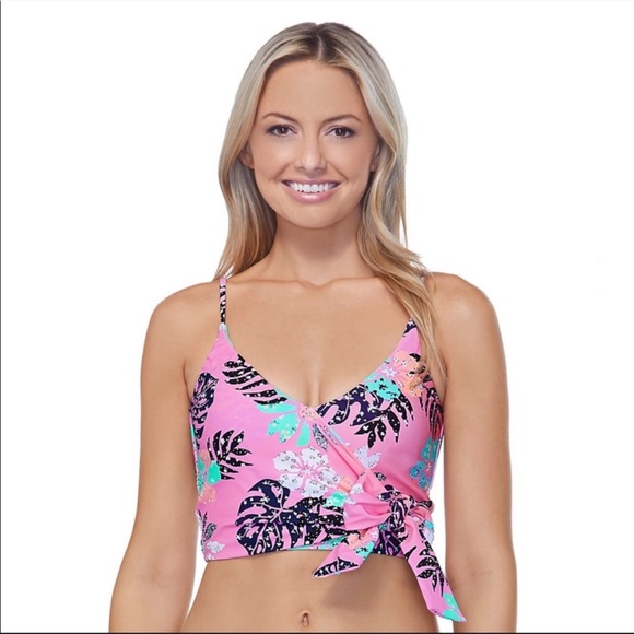 NWT SO Mix & Match Tropical Faux-Wrap Midkini Swim Top Pink Floral Juniors SZ S - Picture 1 of 4